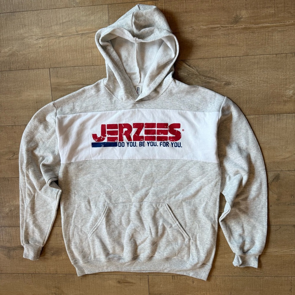 Jerzees hoodie Heather grey white w red blue logo spell out size large